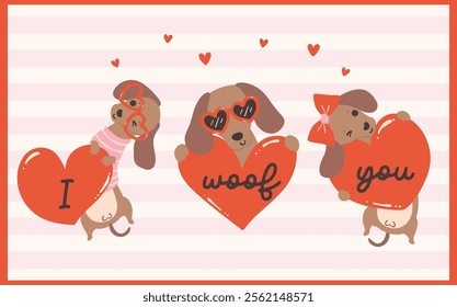 Group of Cute Valentine Dachshund Dog with Heart Retro Cartoon Illustration Banner Greeting Card Printable