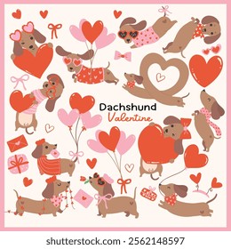 Group of Cute Valentine Dachshund Dog delivery love Retro Cartoon element Illustration