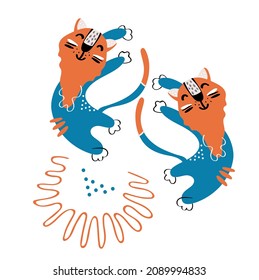Group of cute vector graphic little tigers. Chinese 2022 year symbol. Year of tiger. Cartoon mascot. Smiling adorable character. Blue illustration of wild exotic animal isolated on white background	
