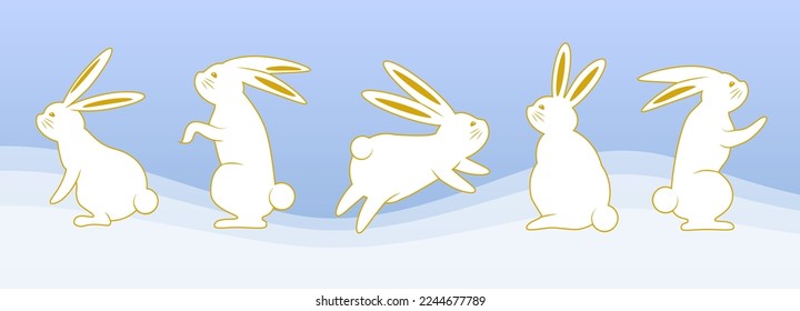 Group of cute vector rabbits, zodiac sign of Chinese New Year 2023, water rabbit symbols of the year, decorations for New Year invitations, Easter cards, other designs.