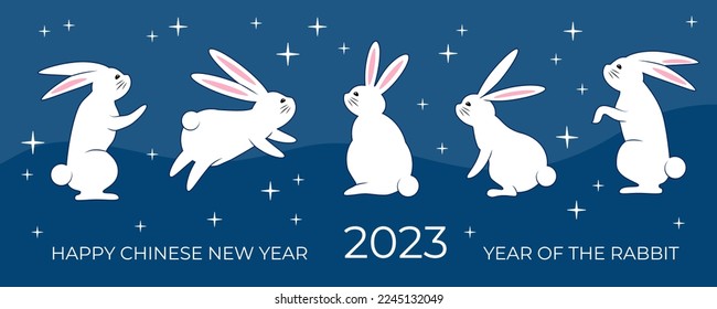 Group of cute vector rabbits, zodiac sign of Chinese New Year 2023, water rabbit symbols of the year, decorations for New Year invitations, Easter cards, other designs.