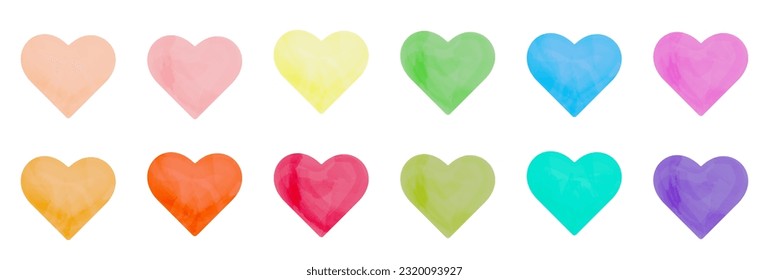 Group of cute watercolor hearts, collection with colorful love symbols isolated on a white background.