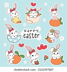 Group Of Cute White Baby Bunny Rabbit With Carrot And Easter Egg Sticker Collection Set, Cartoon Drawing Outline Vector