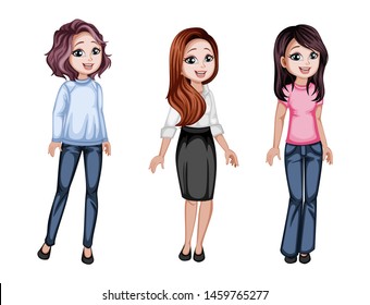 Group of Cute Women Characters in Beautiful Clothes Standing Isolated on White Background. Pretty Ladies Smiling and Cartoon Vector Illustration