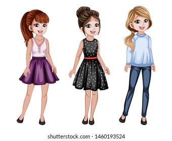 Group of Cute Women Characters in Beautiful Clothes Standing Isolated on White Background. Pretty Ladies Smiling and Cartoon Vector Illustration