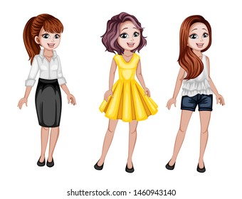 Group of Cute Women Characters in Beautiful Clothes Standing Isolated on White Background. Pretty Ladies Smiling and Cartoon Vector Illustration