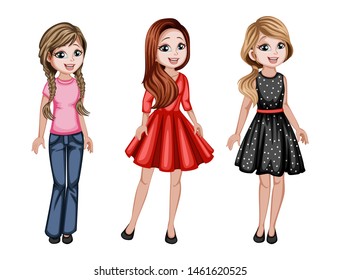 Group of Cute Women Characters in Beautiful Clothes Standing Isolated on White Background. Pretty Ladies Smiling and Cartoon Vector Illustration