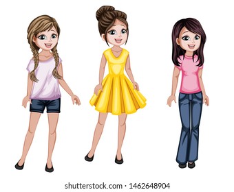 Group of Cute Women Characters in Beautiful Clothes Standing Isolated on White Background. Pretty Ladies Smiling and Cartoon Vector Illustration