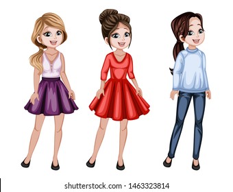 Group of Cute Women Characters in Beautiful Clothes Standing Isolated on White Background. Pretty Ladies Smiling and Cartoon Vector Illustration