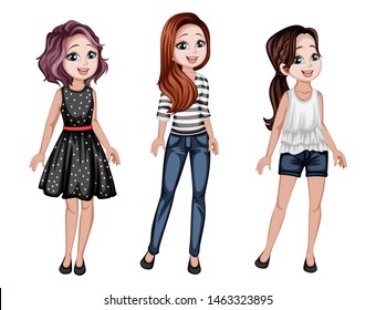 Group of Cute Women Characters in Beautiful Clothes Standing Isolated on White Background. Pretty Ladies Smiling and Cartoon Vector Illustration