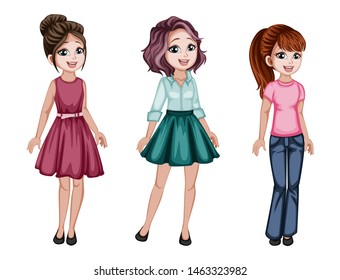 Group of Cute Women Characters in Beautiful Clothes Standing Isolated on White Background. Pretty Ladies Smiling and Cartoon Vector Illustration