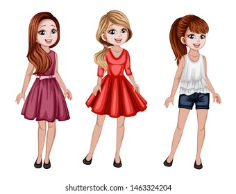 Group of Cute Women Characters in Beautiful Clothes Standing Isolated on White Background. Pretty Ladies Smiling and Cartoon Vector Illustration