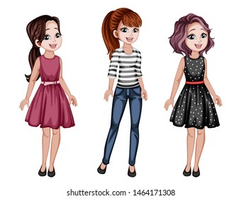 Group of Cute Women Characters in Beautiful Clothes Standing Isolated on White Background. Pretty Ladies Smiling and Cartoon Vector Illustration