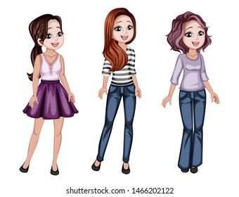 Group of Cute Women Characters in Beautiful Clothes Standing Isolated on White Background. Pretty Ladies Smiling and Cartoon Vector Illustration