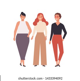 Group of cute young women dressed in stylish clothes isolated on white background. Happy female friends. Portrait of pretty girls standing together. Flat cartoon colorful vector illustration.