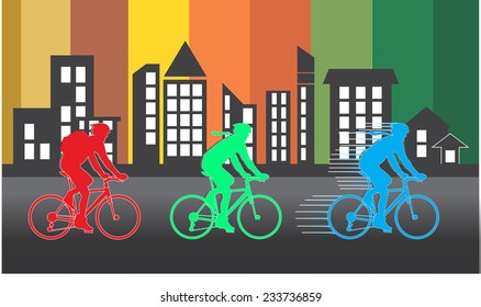 Group of cyclist in the bicycle race with color building silhouette