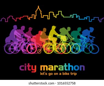 Group of cyclist on the bicycle tour around the city. Vector illustration.