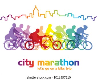 Group of cyclist on the bicycle tour around the city. Vector illustration.