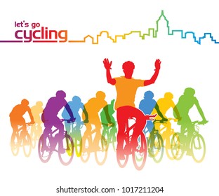 Group of cyclist on the bicycle tour around the city. Vector illustration.