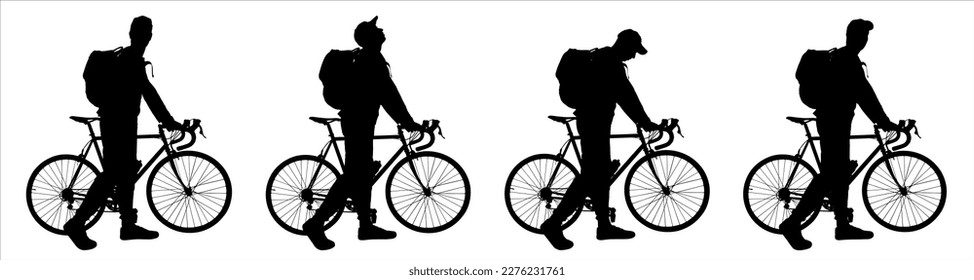 A group of cyclists with big tourist backpacks on their backs and wearing caps are looking around at something. A guy with the bike. Side view. Silhouettes of a man in black color isolated on a white