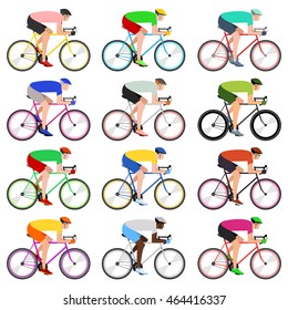 The group of cyclists man in bicycle race. Vector flat set of icons of bicycle riders isolated on white background