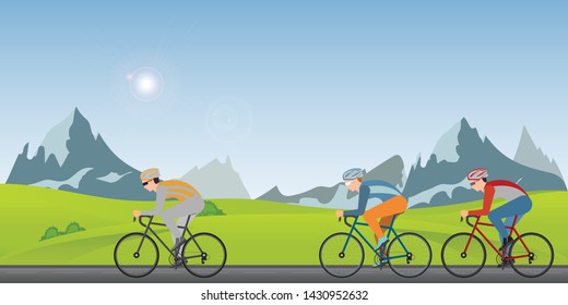 Group of cyclists man in road bicycle racing  along on a sunny spring day in the holiday. Vector illustrator.
