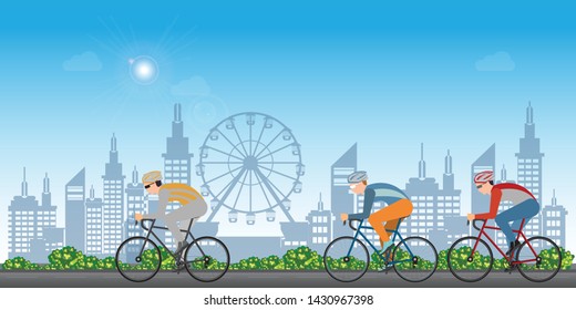 Group of cyclists man in road bicycle racing on city view background, Vector illustrator.