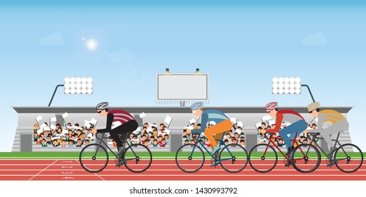 Group Of Cyclists Man In Road Bicycle Racing On Athletic Track With Crowd In Stadium Grandstand To Cheering Sport, Vector Illustration., Vector Illustrator.