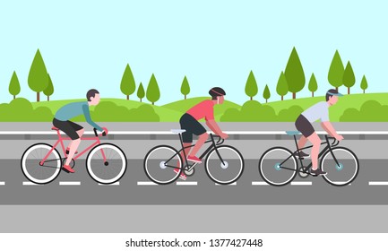 The Group of cyclists man in road. Vector illustrator. concept vector the group of cyclists man. Flat design
