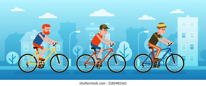 Group of cyclists on a city street. Men ride bicycles around the city. Vector illustration.