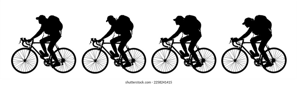 A group of cyclists riding bicycles with backpacks on their backs. Tourists. Cycling. Woman, a girl with a bicycle. Side view, profile. Four black female silhouettes isolated on white background