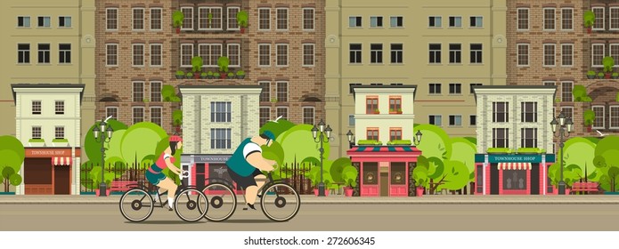 Group of cyclists riding on the street is proud stylized characters