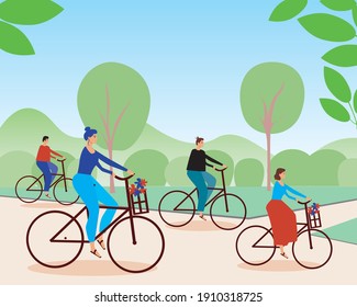 A group of cyclists together in the park. Flat vector stock illustration. Sport outside concept, cycling ride. Cyclists in park, outside the city. Sport in the park, cycling. Young  men, women