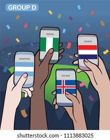 Group D of football (soccer) championship 2018. Multiracial people having fun watching the game. Hands holding smartphones with flags from Argentina, Nigeria, Croatia, Iceland. Mobile Apps concept