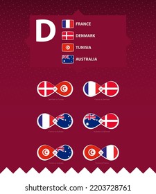 Group D of football tournament, flags and match icon set. Vector collection.