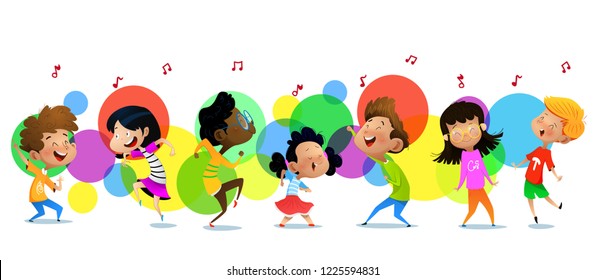 Group of dancing cartoon children. Vector illustrations