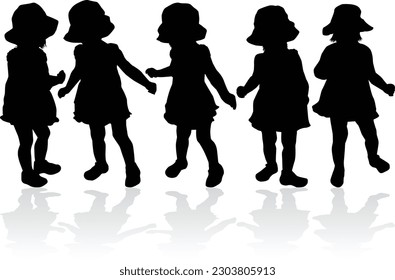 Group of dancing children, black silhouettes.	