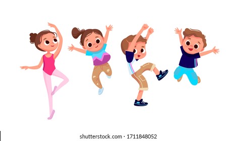 Group of dancing children. Creative kids. Dancing studio. Jumping boy. Ballet elements.