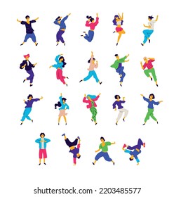A group of dancing people in different poses and emotions. Vector. Illustrations of men and women. Flat style. A group of happy teenagers are dancing and having fun. Figure for packaging. Dance studio
