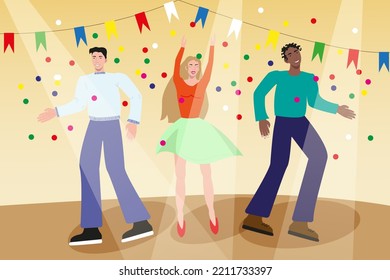 A group of dancing people on the dance floor: a brunette, a blonde and an African American, festive dancing on the dance floor decorated with flags and under the spotlight, a party with confetti