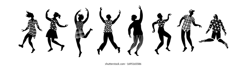 Group of dancing people silhouettes. Black figures on white background. Flat vector illustration.