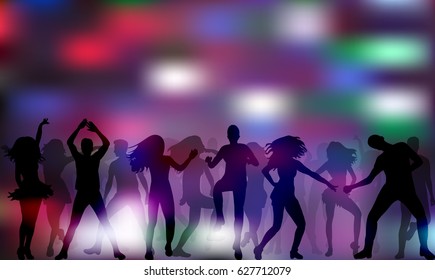 group of dancing people, silhouettes, disco