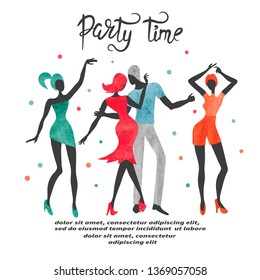 Group of dancing people. Watercolor party vector illustration.