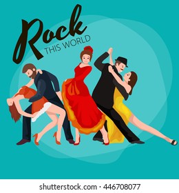 Group of dancing people, yong happy man and woman together and in a couple, girl sport dancer boy, dance background vector illustration pictogram isolated