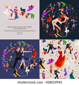 Group of dancing people, yong happy man and woman dance together and in a couple, girl sport boy background vector illustration pictogram isolated banner for studio or class with teacher