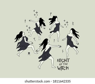 A group of dancing witches dance in a circle at night. Witchcraft charm and spells vector illustration,