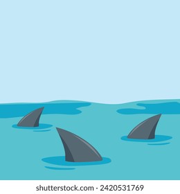 Group of dangerous marine animals shark fin under water with waves. Vector illustration