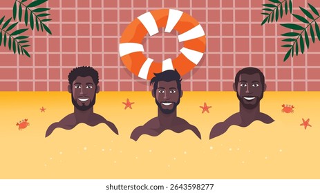 Group of dark-skinned men enjoying tropical summer fun in beach environment
