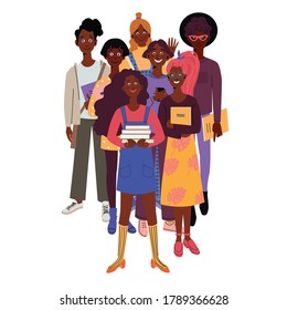 Group of dark-skinned students waving at the camera. Happy young african-american girls and boys holding books and notebooks on white background.