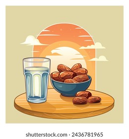 Group of dates fruits on a bowl with a glass of water, home window and sunset view at the background, iftar food or break the fast illustration